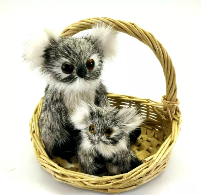 Koala Bear Momma and Baby Figurine in Wicker Basket Rabbit Fur