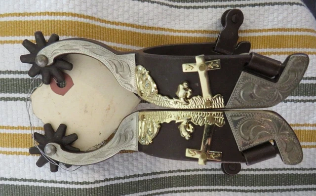 Antique Brown Show spur praying cowboy & horse brass and silver embossed accent