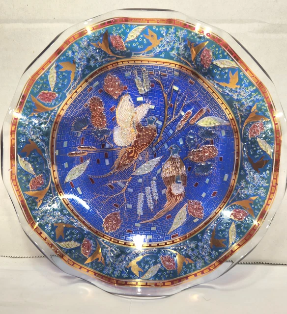 Mid-Century VTG Art Glass Bowl Candy DiBlue Moasic Pheasants