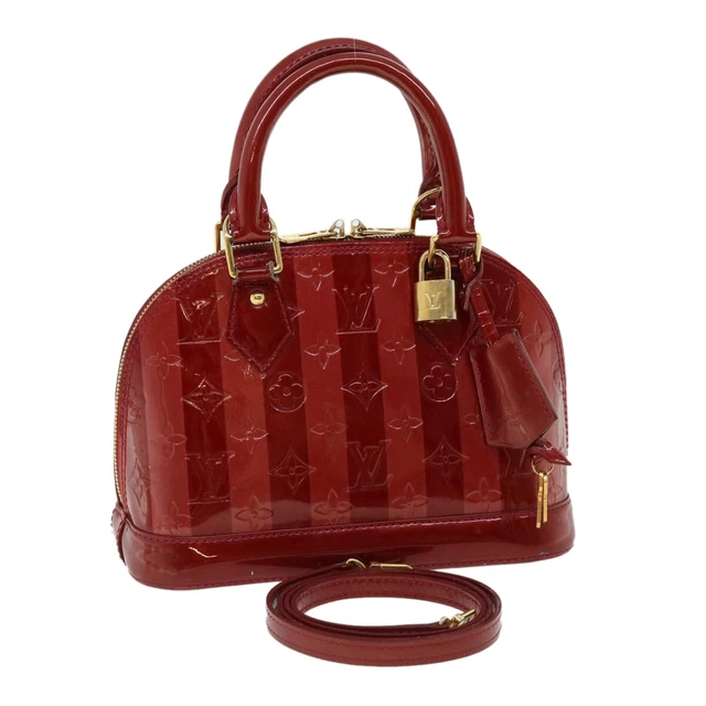 LOUIS VUITTON Vernis Rayures Alma BB Hand Bag 2way Pomme D'amour M91593 LV 32817 LOUIS VUITTON Vernis Rayures Alma BB Hand Bag 2way Pomme D'amour M91593 LV 32817