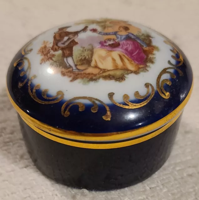 Vintage Limoges Pill, Trinket, Ring Box Cobalt Blue 22k Gold Fragonard Stunning