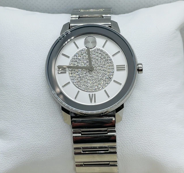 Orologio da donna audace Movado Tono Argento Abbaglianti Cristalli Pavimentazione 3699254