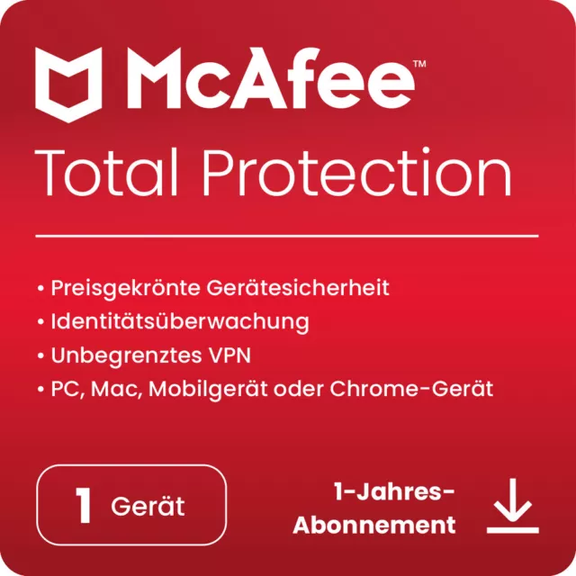 McAfee Total Protection 2024 1-Gerät / 1-Jahr inkl.VPN + Kennwort-Manager / KEY