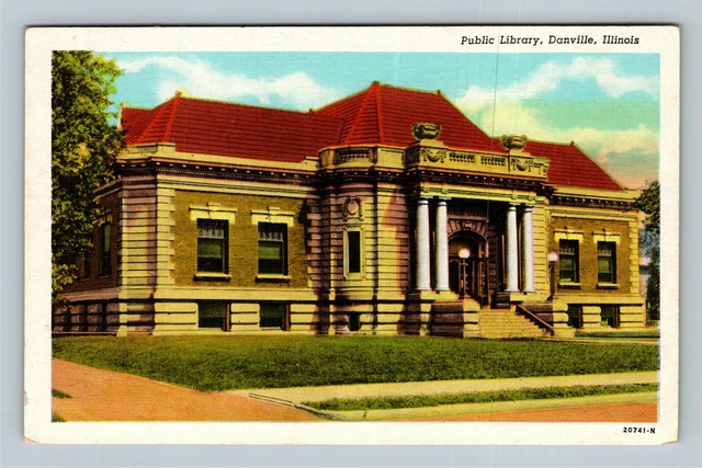 Danville IL-Illinois Public Library Building, Street View Vintage Postcard