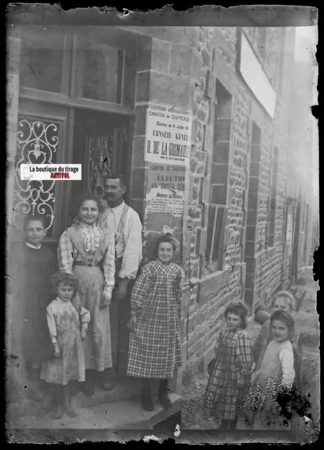Famille, enfants, Plaque verre photo ancienne, négatif noir & blanc 6x9 cm