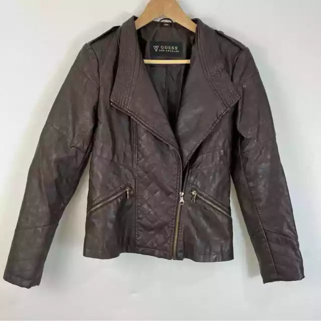 GUESS Vegan Faux Leather Asymmetrical Zip Quilted Moto Jacket Womens Size Small 2