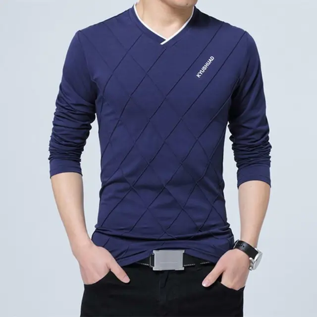 Men Casual Sweater T-Shirt Basic Daily Shirts Long Sleeve V-Neck Pullover Tops