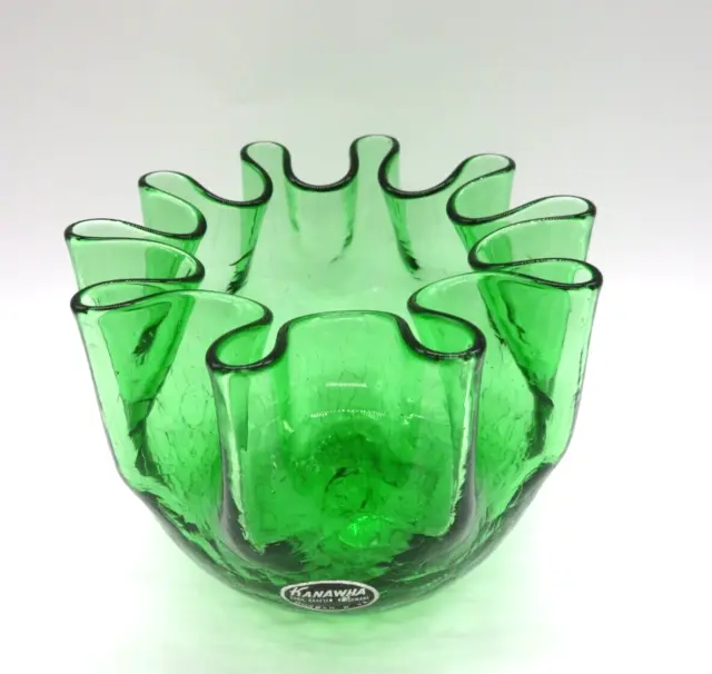 VTG Kanawha Dunbar W Virgnia Studio Art Glass Hand Blown Green Bowl Crackle Glas