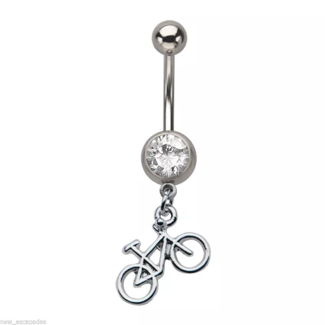 Belly Ring Sports Bicycle w/Clear Gem Dangle Naval Steel Body Jewelry