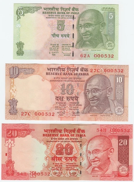 India 3 Uncirculated Notes: Identical Low SN's 000533  *~*Rare*~*