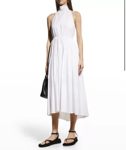 New Vince White Tie Back Drape Neck Cotton Halter Midi Dress  Size  L $445