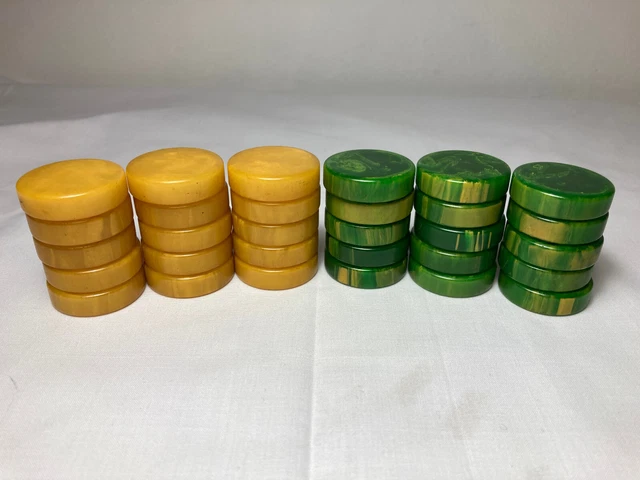 Jeu De Backgammon Vintage En Bakélite Sculptée – Pièces 1 3/4″ – Avec Tasses Et Dés – États-Unis