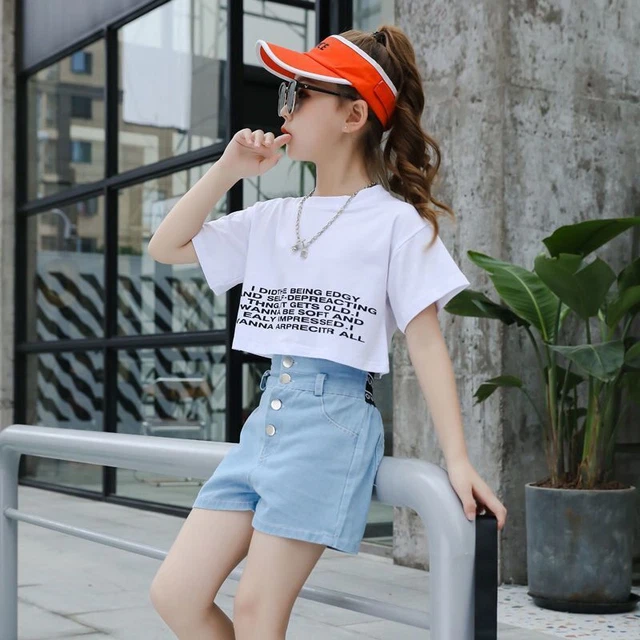 T-Shirt Pantaloncini Jeans 2piece Set Manica Corta Streetwear Abiti SPORTS Nuovo