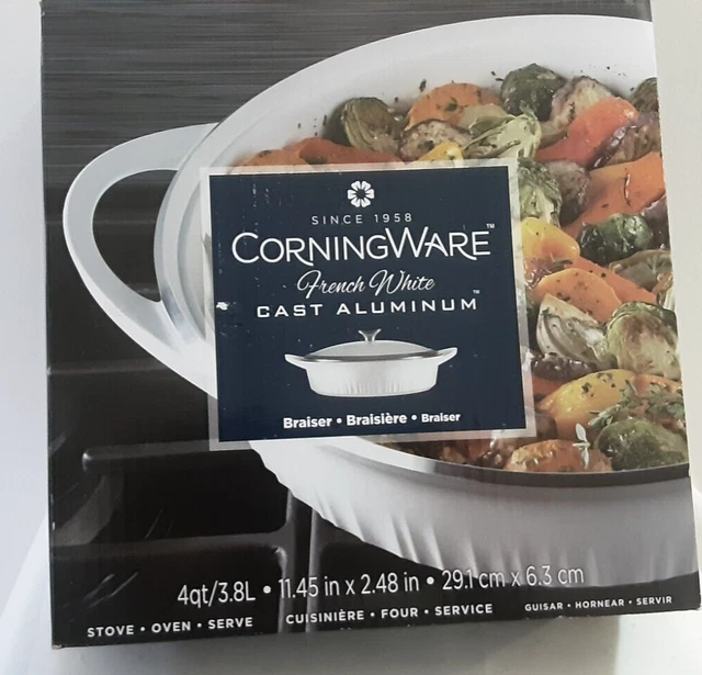 CORNING WARE FRENCH White Cast Aluminum Braiser Litres