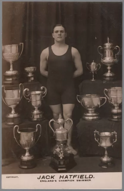Real Photo - 'Jack Hatfield England's Champion Swimmer' (c1912) - Unused Post...