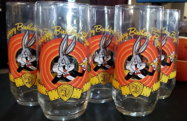 5 Vintage Warner Bros. 1990 Happy Birthday Bugs Bunny, 50th Anniversary Glass🐇