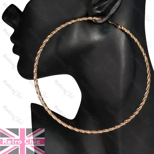 4"HUGE HOOP EARRINGS 10cm GOLD FASHION big giant rope textured metal hoops large