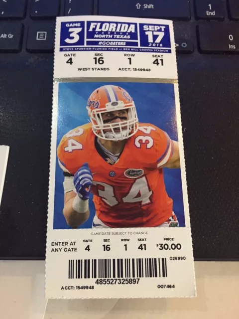 2016 Florida Gators Vs North Texas College Football Ticket Stub 9/17
