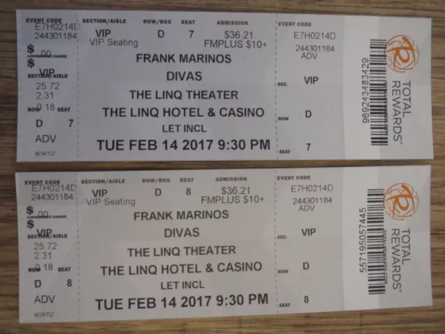 Collectable used Frank Marinos Divas ticket stub Linq Theatre, Las Vegas, USA