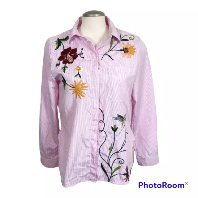 JS Millenium Womens Shirt Large Pink White Striped Button Up Floral Embroidered