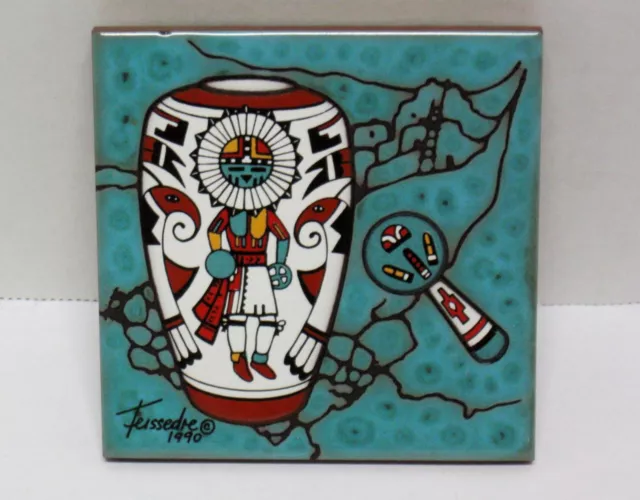 Cleo Teissedre Hand Painted Ceramic Tile 4" x 4" Art Trivet Coaster Vase Rattle