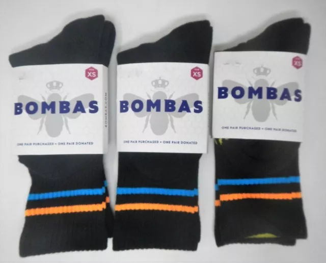 Bombas Youth Kid Size 1-6  X-SMALL Black Stripe Bee Crew Socks 3pr