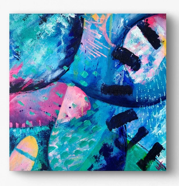 Peinture Acrylique IKEA HALLARYD – Vase Abstrait Fleurs Vibrantes, Signé, 35,5cm