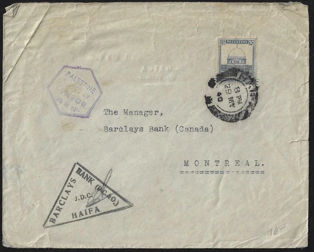 Palestine 1940 Haifa To Canada From Barclays Bank In Haifa W/Palestine Octagonal