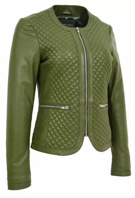 Cool Women's Genuine Lambskin Leather Jacket Green Quilted Slim Fit Biker Zipper