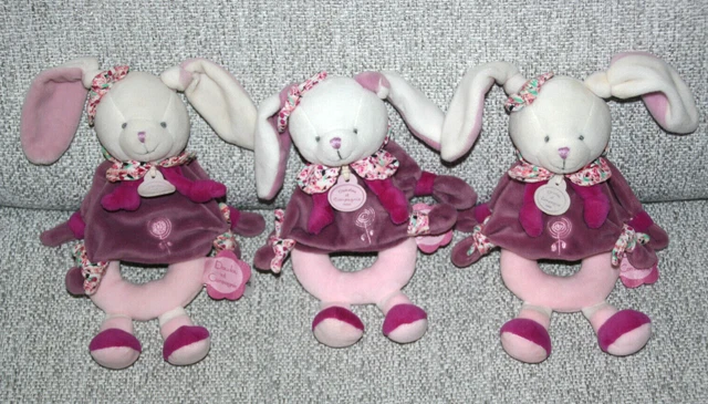 Doudou Et Compagnie 3 Doudou Lapin Cerise Hochet Grelot Violet Rose Kom9