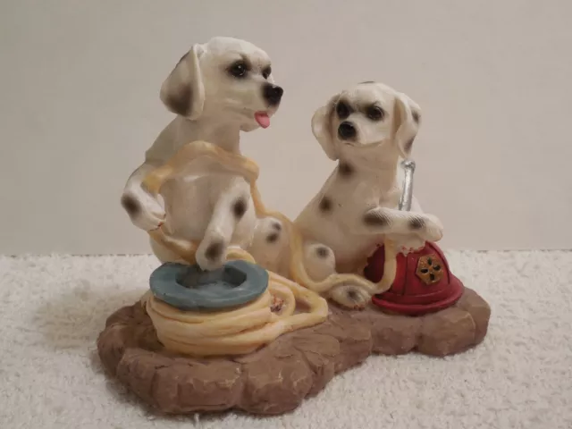 Young's Resin Figurine Pair Dalmatian Dogs Playing With Fire Hose & Fireman Hat