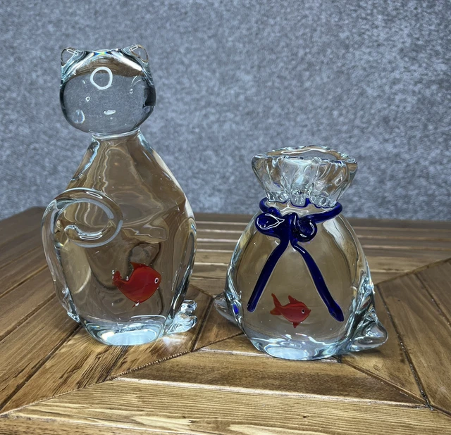 Hand Blown Glass Cat Fish figurine Paperweight Bowl Clear Art Beach Kitchy