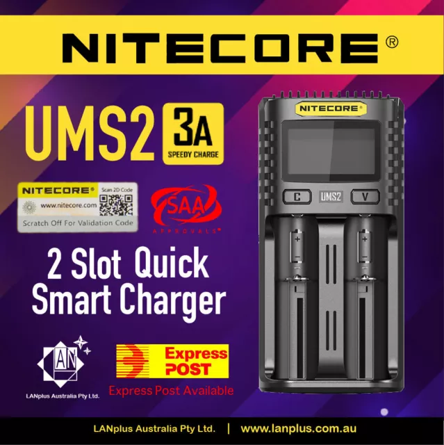 Nitecor UMS2 3A Smart Battery Charger 2-Slot Li-ion Ni-Cd Ni-MH CR123A AAA i2