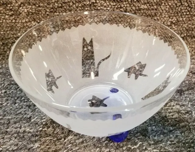 Frosted Glass Bowl with Cats Zigzag Pattern 3 Cobalt Blue Round Feet Signed Joe