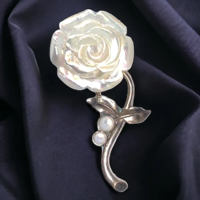 Vintage Mother Of Pearl Sterling Silver Flower Rose Brooch