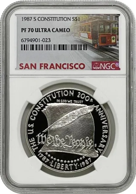 1987-S Constitution Commemorative Proof Silver Dollar NGC PF70 UC Trolley Label