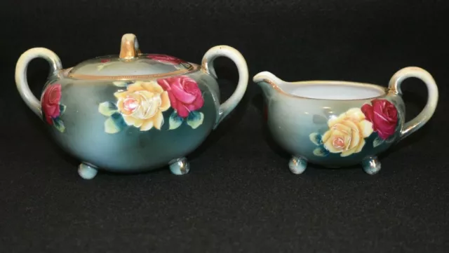 Antique Nippon Hand Painted Footed Creamer & Sugar Bowl Red/Yellow Roses.