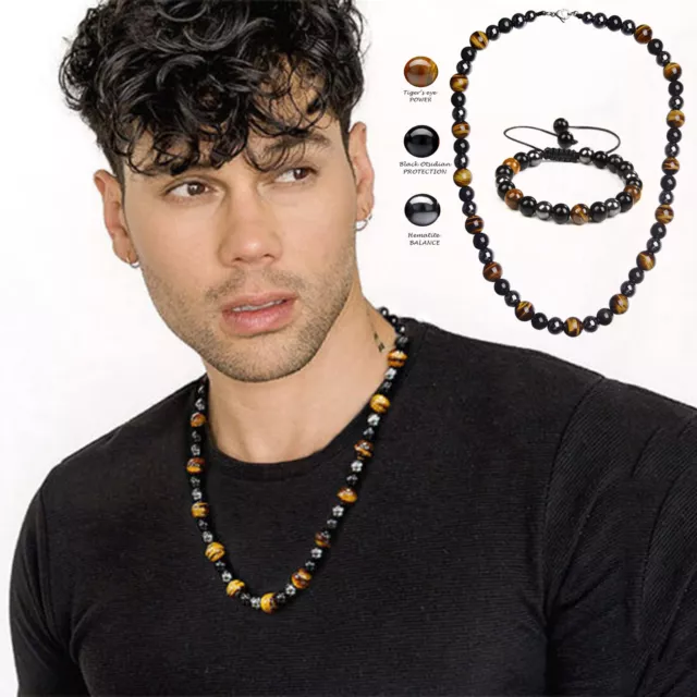 Men Retro Triple Protection Necklace Tiger Eye Hematite Obsidian Stone Bracelets