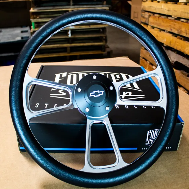 14" Billet Muscle Steering Wheel with Black Vinyl Wrap and Chevy Horn - 5 Hole 3