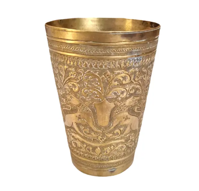 Vintage Old Antique Brass Fine Lion Floral Embossed Victorian Milk / Water Glass 2
