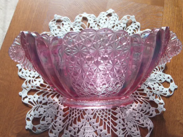 Vintage LG Wright Large Pink iridesce Glass Daisy Button Handles Candy Dish Bowl 3