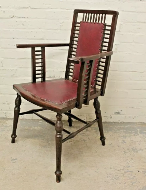 Antique Arts & Crafts Mahogany & Red Leather Armchair Elbow Chair (Can Deliver)
