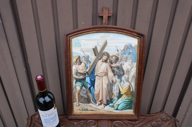 Antique French wood carved panel crucifx PARIS itho Biblical religious jesus
