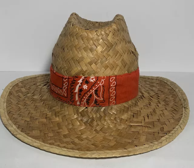 Vintage 50's - 60's Mid Century Straw Hat With Affixed Red Bandanna Rare Find