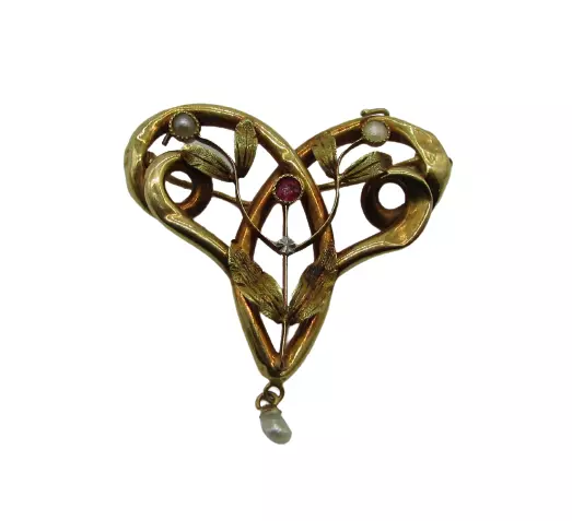 broche art nouveau gui perles et pierre or 18 carats tête d aigle