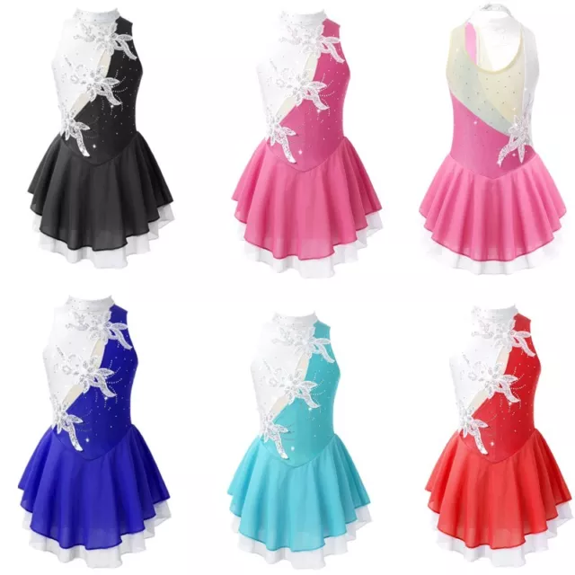 UK Girls Ballet Dance Hollow Back Dress Leotard Ice Skating Dancing Costumes 3