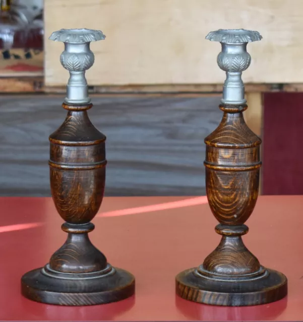 A Pair Of Vintage Oak Turned Wooden Candlestick Holders  Thistle Metal Sconces