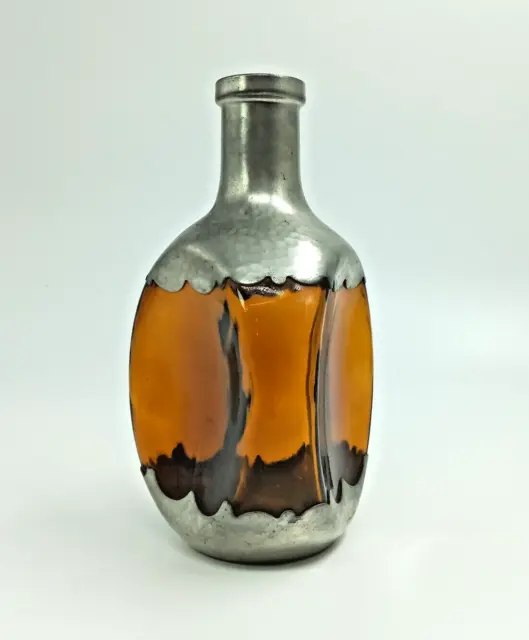 KMD Royal Holland Daalderop Amber Glass Pewter Decanter Bottle- Missing Stopper
