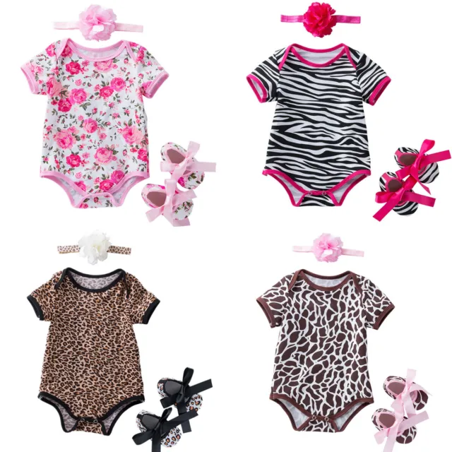 Newborn Infant Baby Girls Romper Shoes Headband Outfits Floral Jumpsuit Bodysuit