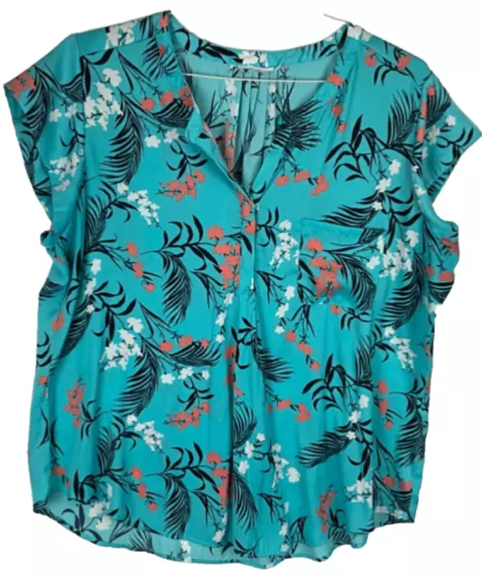 Liz Claiborne Shirt Womens XXL Teal Floral Short Sleeve V Neck Business Top
